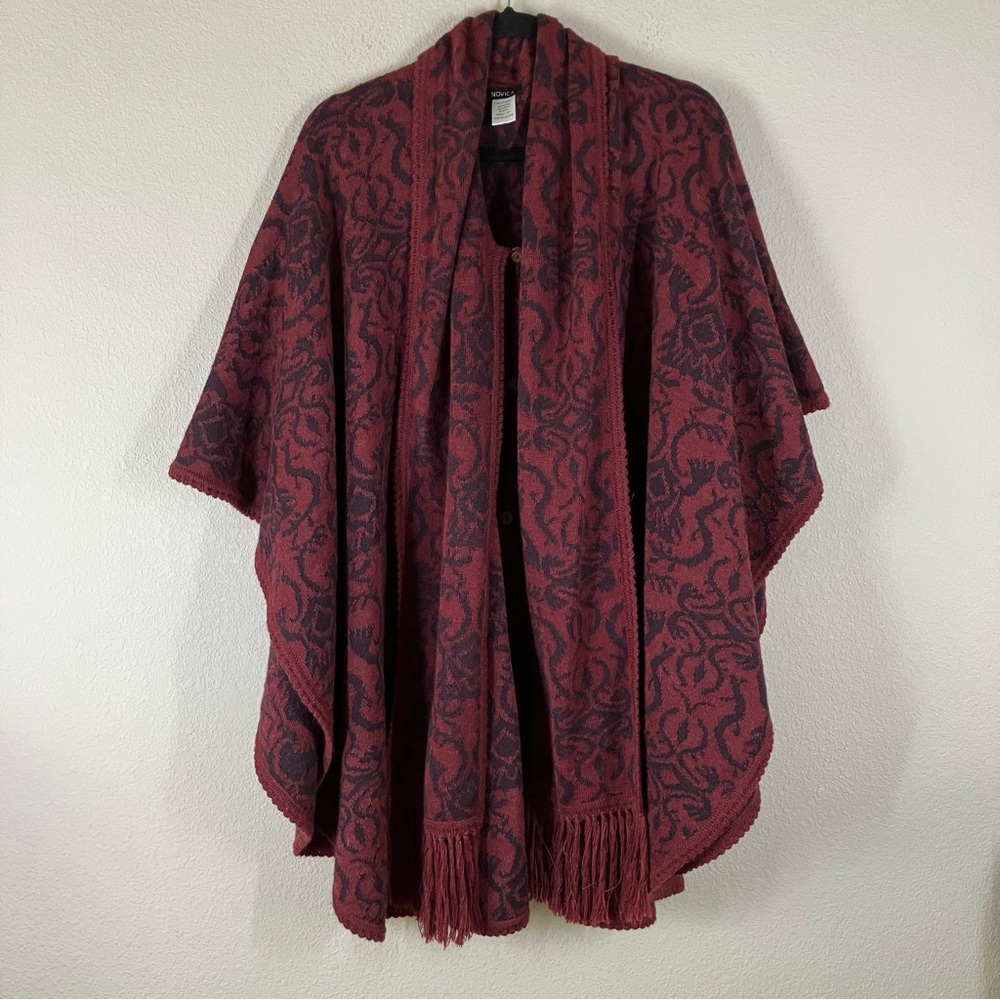 NOVICA Alpaca Wool Sweater Poncho Reversible Cape Ruana Burgundy OS Quiet Luxury